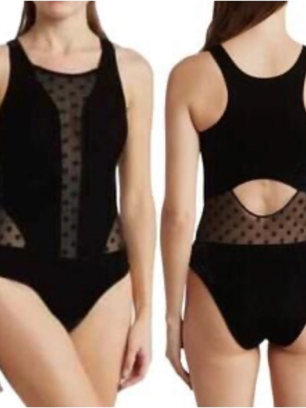 Black Velvet Mesh Bodysuit Polka Dot Sheer Cutout Back Sexy Top Medium